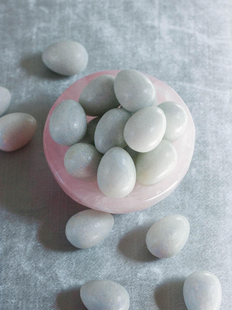 Natural Rose Quartz Crystal Bowl: Handmade Trinket Dish (3-3.25 inch) Dish + Blue Egg