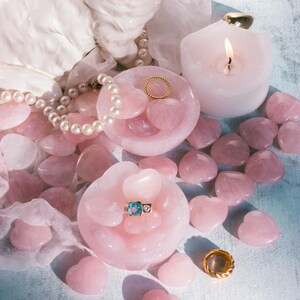 pink rose quartz heart worry stone, polished natural crystal for stress relief, meditation, and love energy practices.
