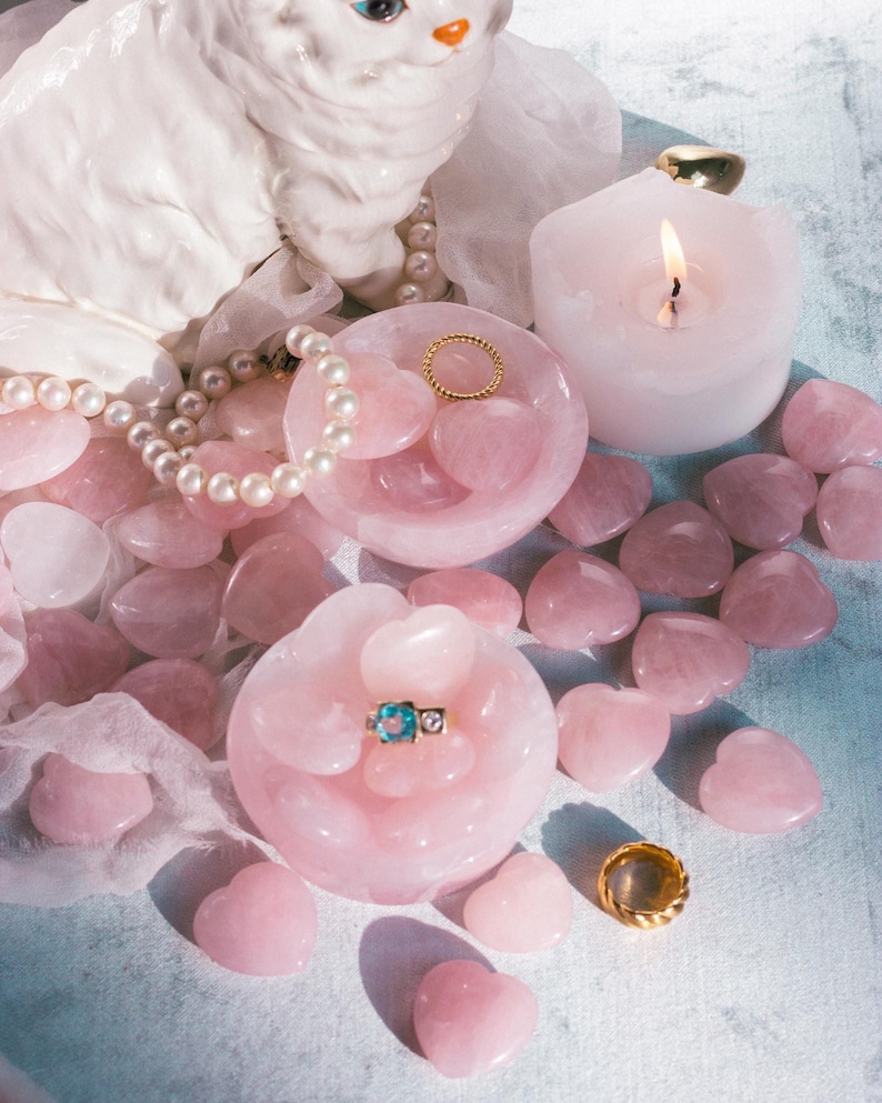 pink rose quartz heart worry stone, polished natural crystal for stress relief, meditation, and love energy practices.