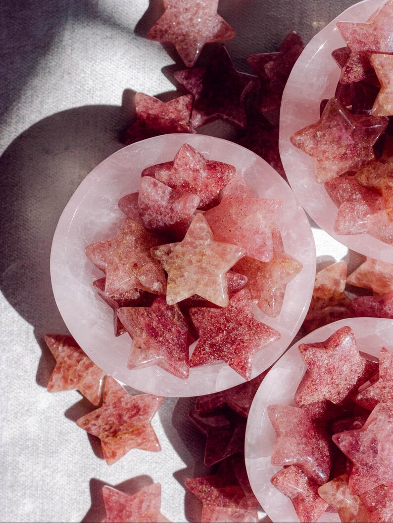 Beautiful strawberry quartz crystal stars with soft pink sparkle, perfect for gifting, crystal grids, or adding a touch of love energy to your home or workspace décor