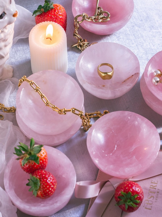 Natural Rose Quartz Crystal Bowl: Handmade Trinket Dish (3-3.25 inch)
