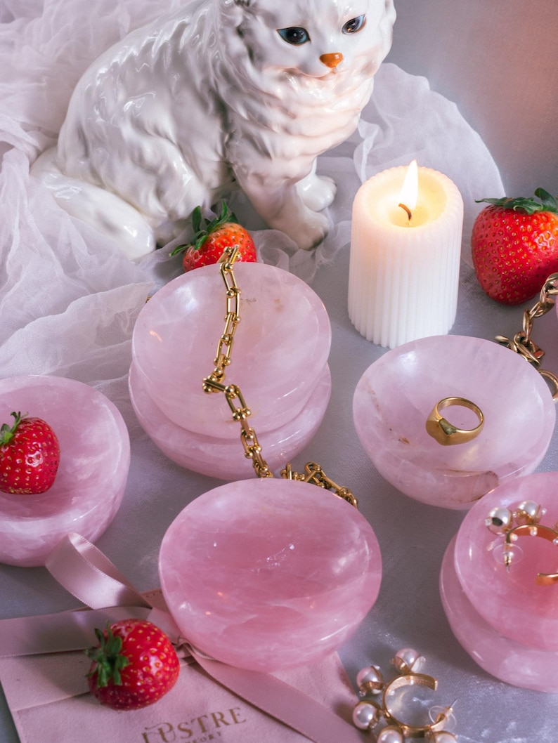 Natural rose quartz bowl, hand-polished, ideal for storing rings, earrings, or small treasures.