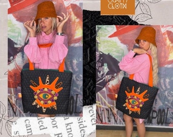 Orange and Black Tote bag quilted with an embroidery appliqué design crossbody, gift for mother.