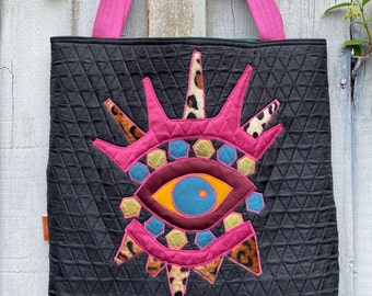 Pink and Black Embroidery Tote bag, Appliqué and oversized style, weekend and sleepover bag.
