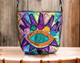 Rainbow Metallic Eye design tote Bag for party goer, Festival essential, magnetic clasp for closure.