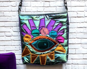 Metallic green iridescent fabric, pufffer tote bag, Eye Embroidery Appliqué Detail, Alloy shoulder strap, crafty Cloth design