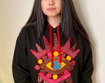 pink  eye appliqué hoodie, loungewear, cotton sweatshirt, eye  embroidery.