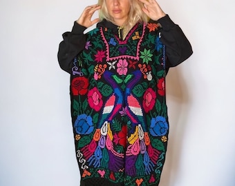 Embroidered long Knit Cozy Poncho with Tassels, Cross Stitch Boho Style clothing, Perfect for Festivals.