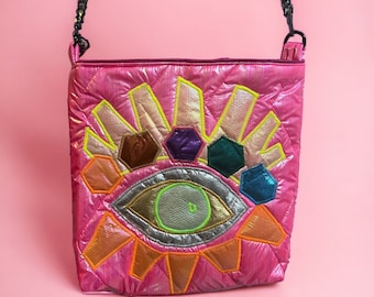 Pink Neón tote bag with an adjustable strap, best gift for her, embroidery eye design.