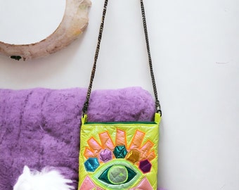 Handmade Neón evil eye tote bag, padded fabric and  metal shoulder strap, the ultimate gift,