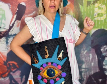 Blue and Black Tote bag quilted with an embroidery appliqué design crossbody, gift for mother.