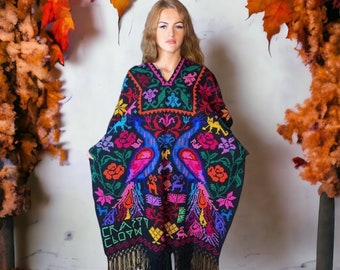 Crafty Cloth, Colourful Peacock and Flower Knit Poncho with Fringe Hem, Boho cape, Floral embroidery, special gift.