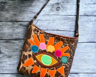 Trendy Leopard print and Orange Eye design Bag, With Bright Colours ,Interior Pocket, summer must have accessory.