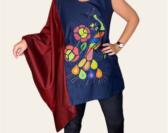 Shift batwing sleeve dress, peacock embroidery design tunic.