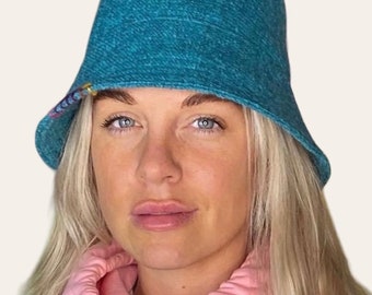 Teal Blue Bucket Hat, wool boucle fabric unisex accessories with wide brim and decorative hand stitch detailed.