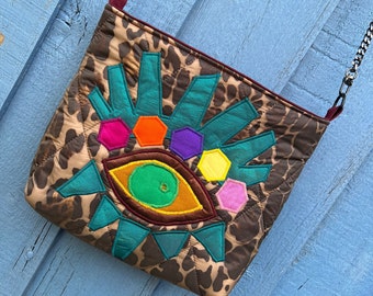 Teal Leopard Quilted Eye design Bag, With Bright Colours ,Interior Pocket, Crossbody Metal Strap.