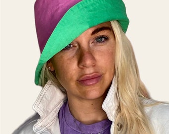 Pink and green linen reversible bucket hat with wide brim gift for girlfriend.