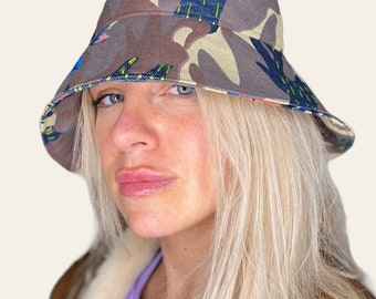 Floral Camouflage Denim Bucket Hat for a Chic and Trendy Look- Sashiko stitch unisex style
