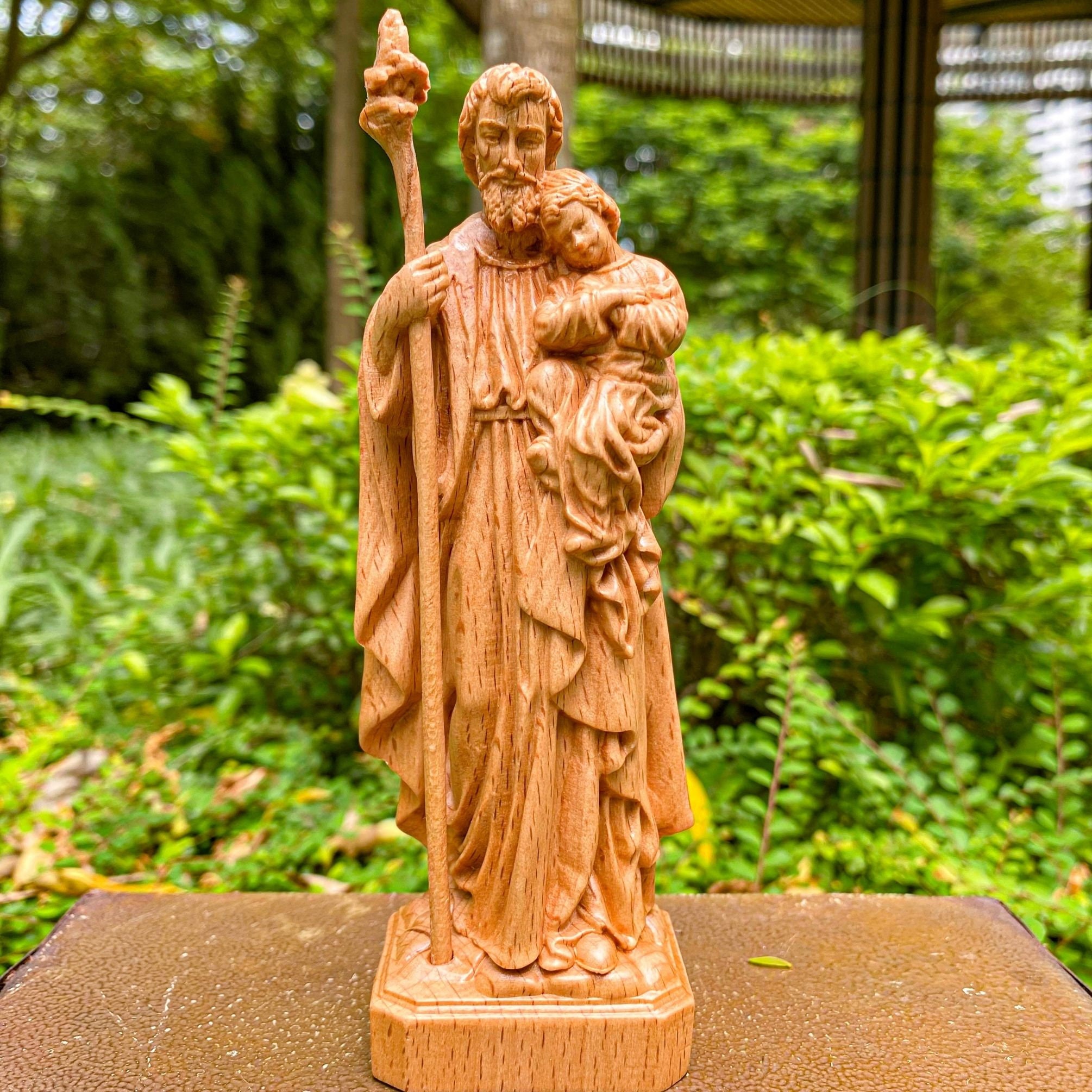 St. Joseph Holding Baby Jesus Statue, Wooden Statue for Home, Catholic