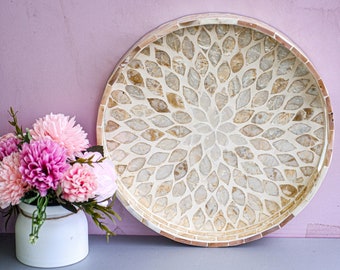 Mother Pearl Inlaid Round Tray, Lacquer Serving Tray, Breakfast Tray, Cocktail Tray, White Pattern, Housewarming Gift, Serving Tray