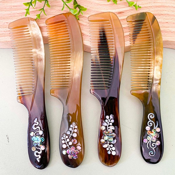 Handmade Natural Buffalo Horn Comb, Mother of pearl Massage Hair Brush, Curly Horn Comb, Anti-static Natural Comb, Mosaic Brush Buffalo