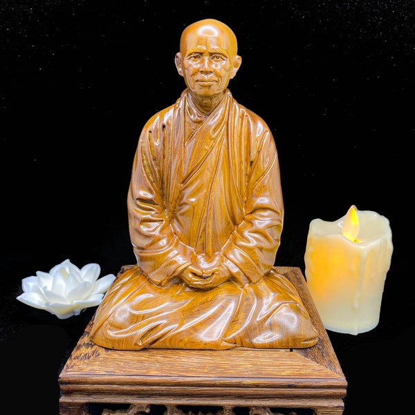 Zen Master Thich Nhat Hanh Statue, Buddhist Figurines Small for Home, Meditation Decor, Buddhist Art Feng Shui, Wood Carving, Christmas Gift