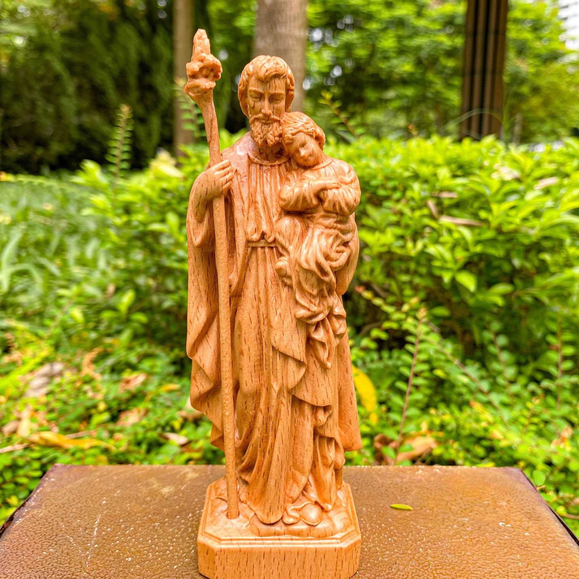St. Joseph Holding Baby Jesus Statue, Wooden Statue for Home, Catholic