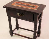 Medieval Gothic Tudor walnut side table storage chest. Working drawer, wood inlay. 1 12 scale dollhouse miniature. Artisan handmade USA.