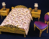 Fully dressed Louis XVI Rococo gilt double bed. 1 to 12 scale dollhouse miniature. Handmade in USA.