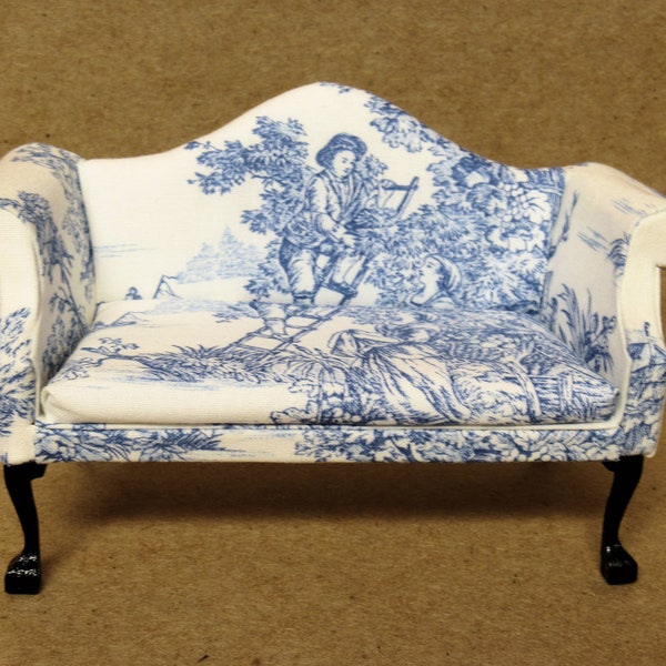 Queen Anne curved back settee, blue French toile, black legs. 1:12 scale miniature. Artisan handmade USA.