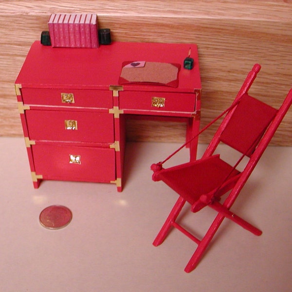 Red campaign desk, "brass" ring pulls, old books, book ends, working drawers, chair, blotter, quill pen, ink well, love note. 12 inch scale.