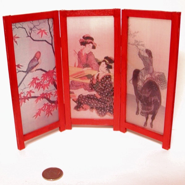 3 panel red oriental screen, 2 Geishas, bird & maple leaves, girl on water buffalo. 1 to 12 dollhouse scale miniature.  Hand made in USA.