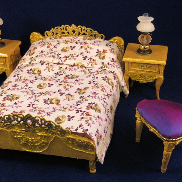 Fully dressed Louis XVI Rococo gilt double bed. 1:12 scale dollhouse miniature. Artisan handmade USA.