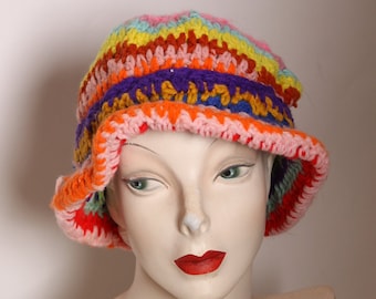 1970s Handmade Crochet Rainbow Knit Winter Stocking Cap Hat