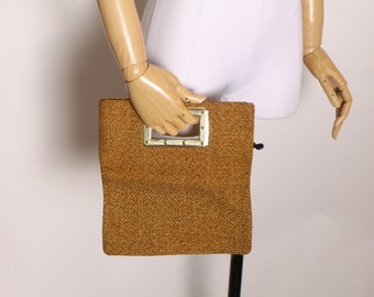 1960s Tan Fibrous Woven Gold Brass Square Handle Handbag Purse
