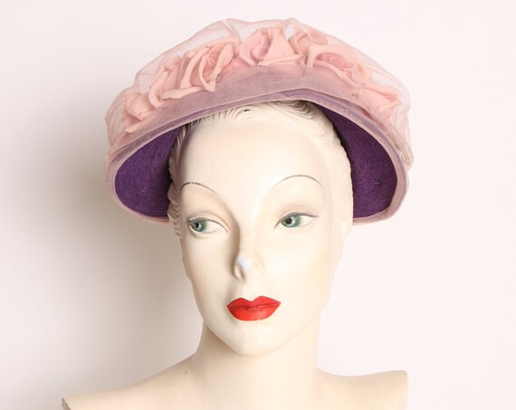 1950s Purple Pink Flower Sheer Overlay Formal Hat