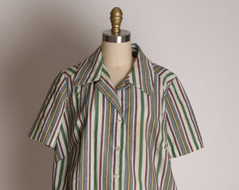 1950s Gray Green Red and Yellow Striped Short Sleeve Button Up Blouse -2XL