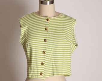 1950s Green and White Striped Knit Gold Button Sleeveless Crop Top Blouse -S