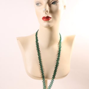 1920s Dark Green Glass Beaded Tassel Fringe Flapper Necklace