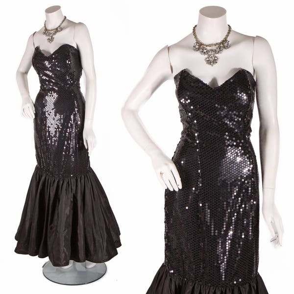 1980s Black Sequin Barbie Full Length Mermaid Skirt Strapless Formal Prom Dress by Nadine -M
