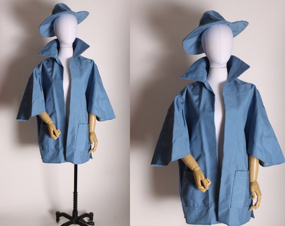 1960s Blue 3/4 Length Sleeve Starched Angel Sleeve Rain Coat Jacket with Matching Hat -M-L