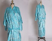 1950s Aqua Blue Satin Floral Metallic Print Lingerie Pajama Robe Kimono by Couturiere - L