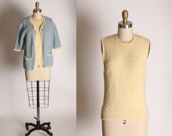 Late 1950s Early 1960s Cream and Blue Knit Sleeveless Blouse with Matching Jacket -S
