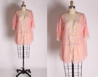 1960s Pale Powder Pink Nylon and Off White Lace Button Down Pajama Bed Jacket Top -S