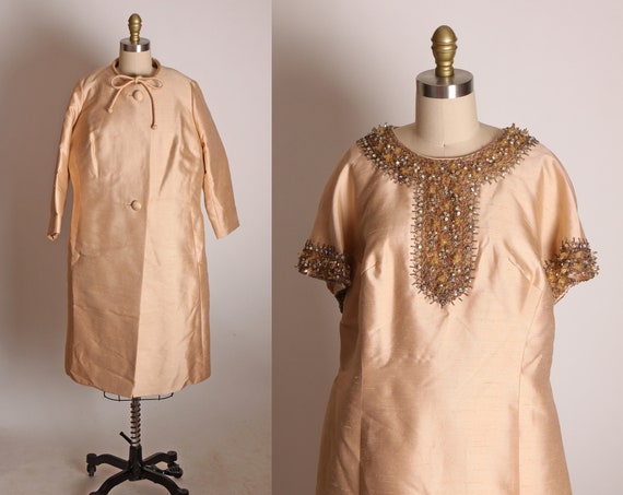 1960s Two Piece Light Tan Silk Short Sleeve Beaded Sequin Trimmed Shift Dress with Matching Long Sleeve Overcoat by King’s Mandarin Hotel
