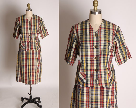 Early 1960s Red and Tan Plaid Short Sleeve Button Up Blouse with Matching Plaid Skirt with Belt Two Piece Skirt Suit Outfit by Blue Bell