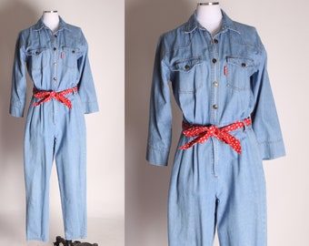 1980s Light Blue Cotton 3/4 Length Sleeve Button Up and Zippered Belted Denim Jumpsuit by Gloria Vanderbilt -M