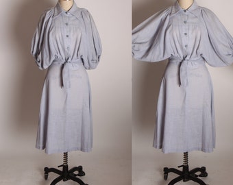 1970s Steel Blue Gray Half Sleeve Balloon Batwing Blouse with Matching A Line Skirt Two Piece Outfit -S