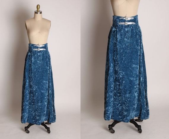 1960s Crushed Blue Velvet A Line Ankle Length Skirt with Matching Belt -XXS