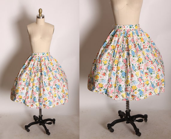 1950s Pink, White, Blue and Yellow Floral Fit and Flare Skirt by Reid and Reid -XS